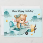 Cute Bear Happy Birthday Flat Greeting Card<br><div class="desc">Send your son, grandson, nephew, friend's child this cute teddy bear in a plane 'Beary Happy Birthday' greeting card. The front of the card features a cute teddy bear in a plane and the plane can be personalized with the inclusion of the little one's name. The back of the card...</div>