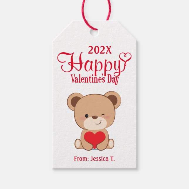 Cute Bear Happy Valentine Gift Tag (White) (Front)