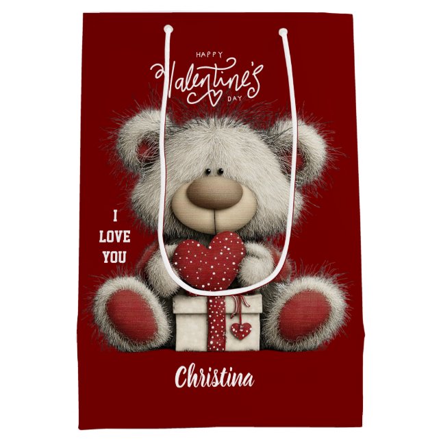 Cute Bear Happy Valentines Day Custom Name  Medium Gift Bag (Back)