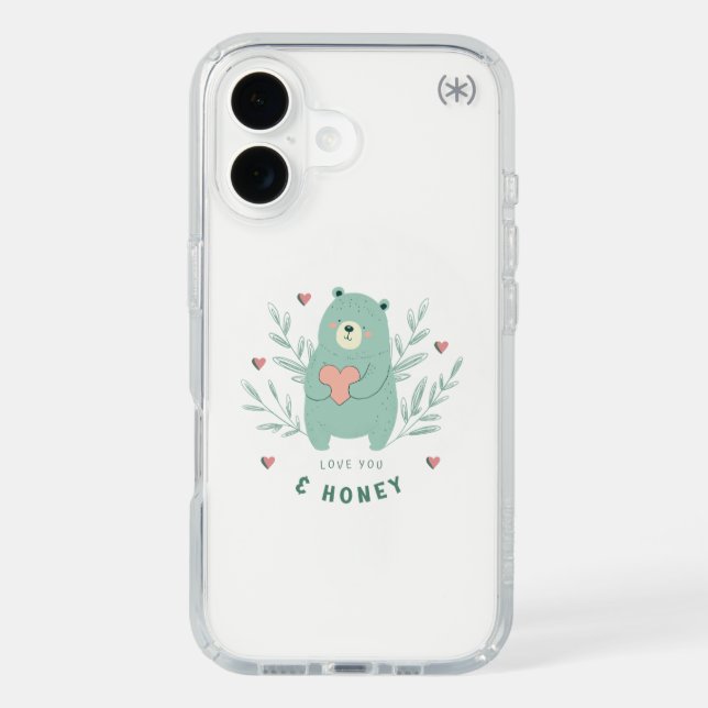 Cute Bear & Heart iPhone 16 Case – "Love & Honey"  (Front)