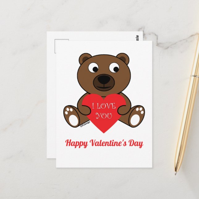 Cute Bear Heart love Valentines Day Custom text Postcard (Front/Back In Situ)
