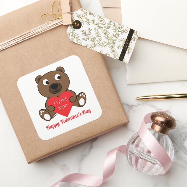 Cute Bear Heart love Valentines Day Custom text Square Sticker (Gifting)