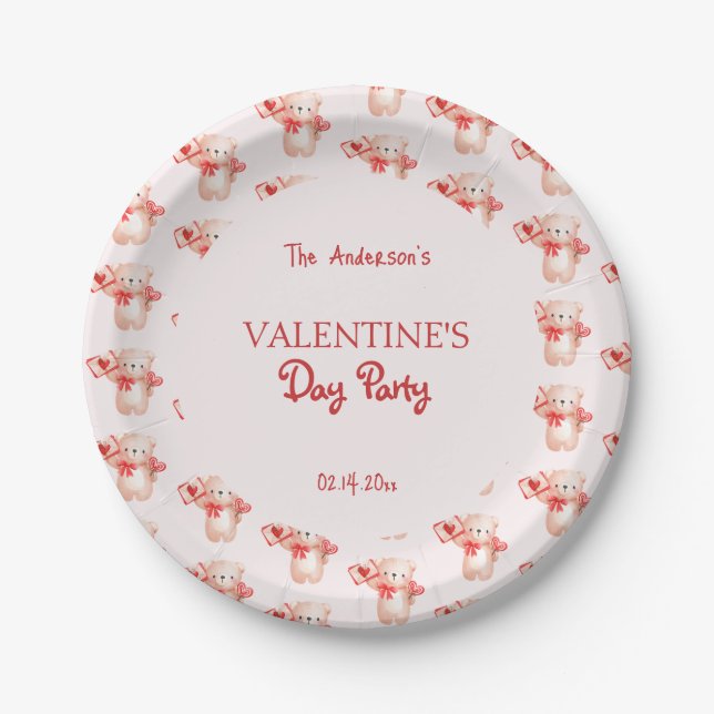 Cute Bear Heart Valentine's Day Party Paper Plates (Front)
