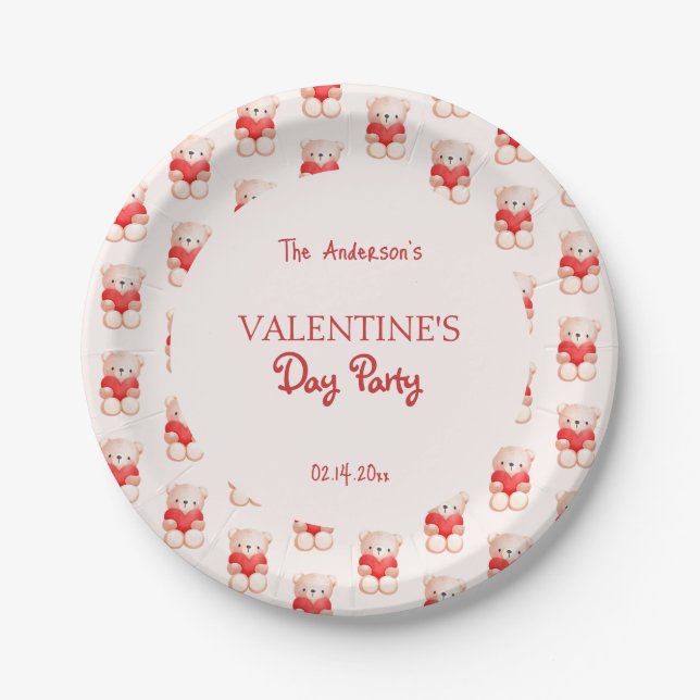 Cute Bear Heart Valentine's Day Party Paper Plates (Front)