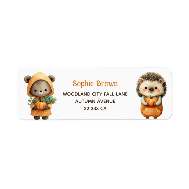 Cute Bear& Hedgehog Woodland Fall Return Address  Label (Front)