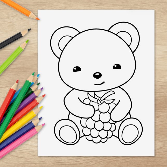 Cute Bear Holding a Berry Coloring Page Rubber Stamp (Creator Uploaded)