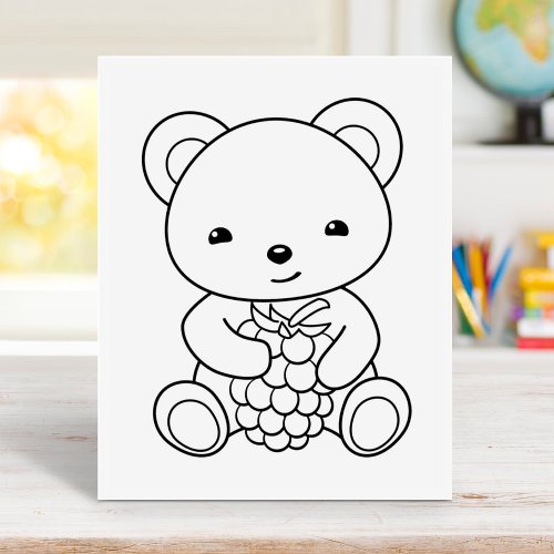 Cute Bear Holding a Berry Coloring Page Rubber Stamp