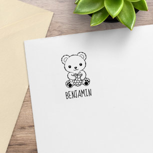 Cute Bear Holding a Berry Custom Name 1x1 Rubber Stamp