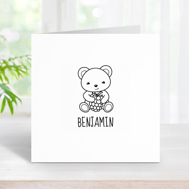 Cute Bear Holding a Berry Custom Name 1x1 Rubber Stamp (Creator Uploaded)