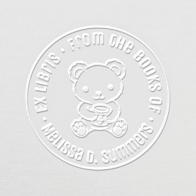 Cute Bear Holding a Honey Jar Bookplate Embosser (Design)