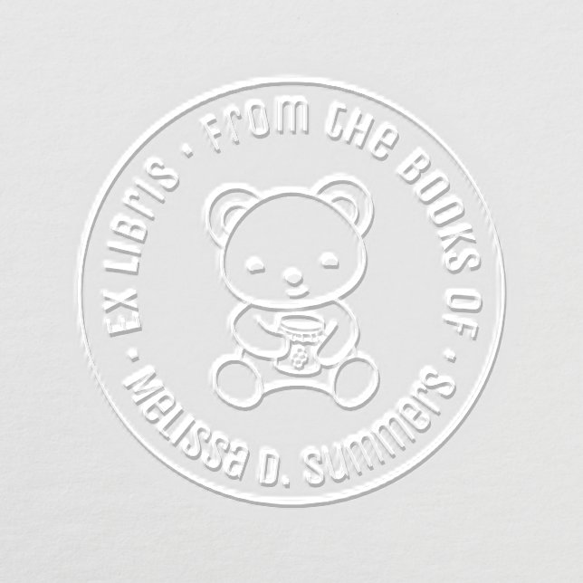 Cute Bear Holding a Honey Jar Bookplate Embosser (Design)