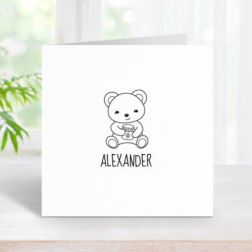 Cute Bear Holding a Honey Jar Custom Name Rubber Stamp