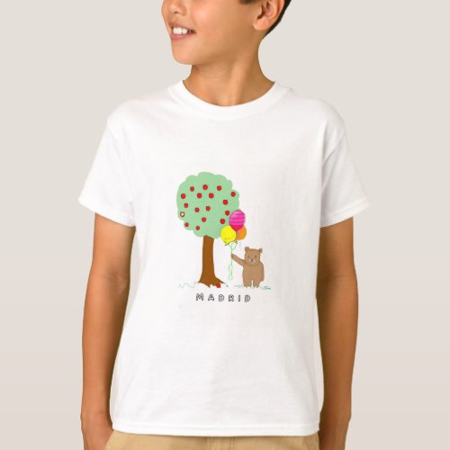 Cute Bear Holding Balloons Under a Tree in Madrid  T_Shirt