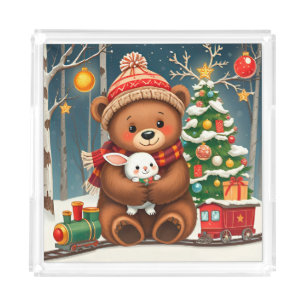 Cute Bear Holding Bunny Near Christmas Tree Acrylic Tray