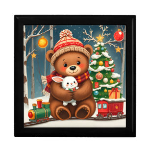 Cute Bear Holding Bunny Near Christmas Tree Gift Box