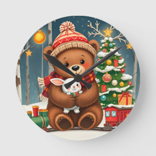 Cute Bear Holding Bunny Near Christmas Tree Round Clock