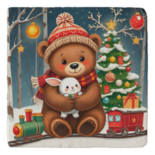 Cute Bear Holding Bunny Near Christmas Tree Trivet