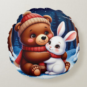 Cute Bear Holding Bunny Round Pillow