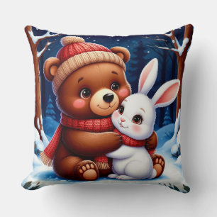 Cute Bear Holding Bunny Throw Pillow