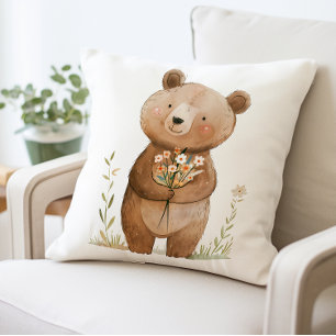 Cute Bear Holding Flowers Pillow, Adorable Teddy Throw Pillow