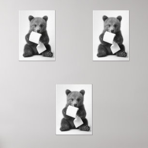 Cute Bear Holding Toilet Paper Funny Minimalist Wall Art Sets