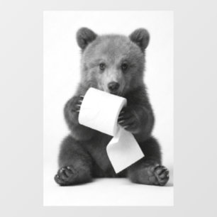 Cute Bear Holding Toilet Paper Funny Minimalist Wall Decal