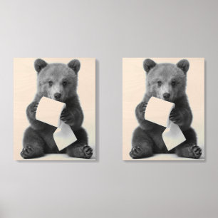 Cute Bear Holding Toilet Paper Funny Minimalist Wood Photo Tile