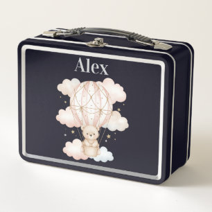 Cute Bear Hot Air Balloon Kids Name Metal Lunch Box