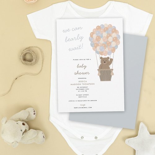 Cute Bear Hot Air Balloons Baby Boy Baby Shower Invitation