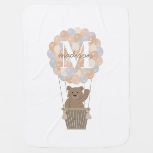 Cute Bear Hot Air Balloons Monogram Gender Neutral Baby Blanket