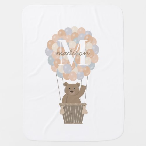 Cute Bear Hot Air Balloons Monogram Gender Neutral Baby Blanket