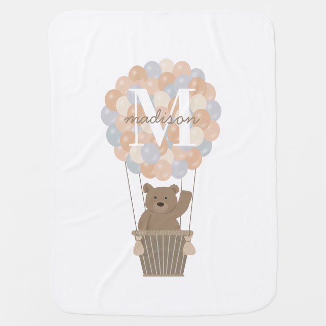 Cute Bear Hot Air Balloons Monogram Gender Neutral Baby Blanket (Front)