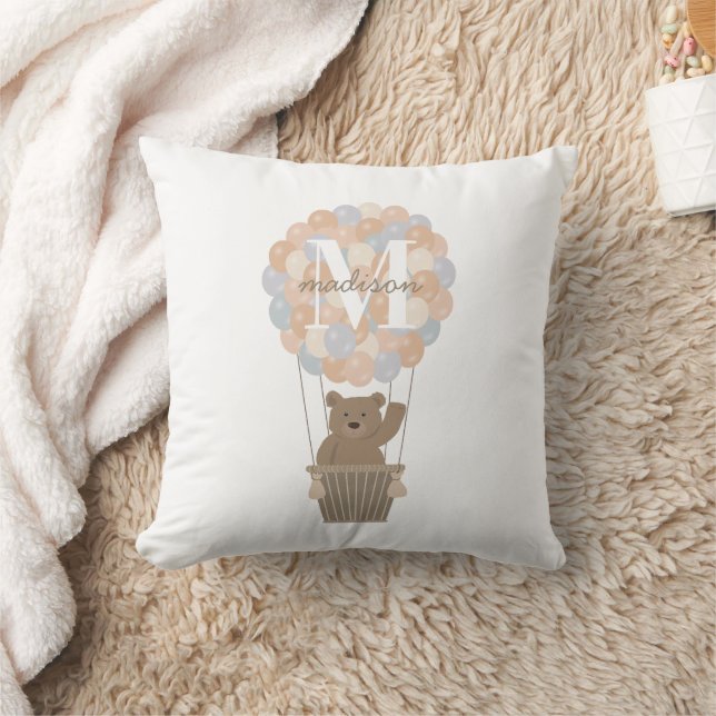 Cute Bear Hot Air Balloons Monogram Gender Neutral Throw Pillow (Blanket)