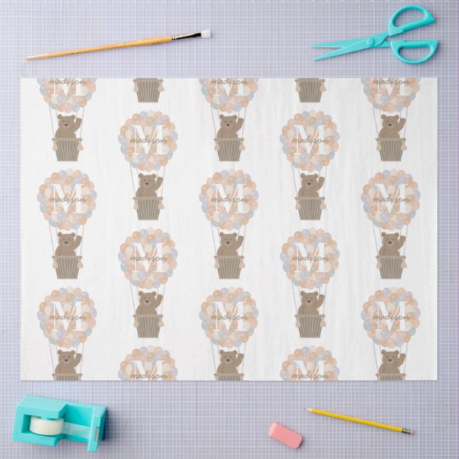 Cute Bear Hot Air Balloons Monogram Gender Neutral Tissue Paper (Craft)