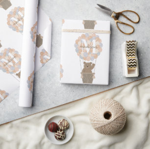 Cute Bear Hot Air Balloons Monogram Gender Neutral Wrapping Paper