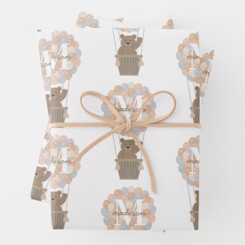 Cute Bear Hot Air Balloons Monogram Gender Neutral Wrapping Paper Sheets