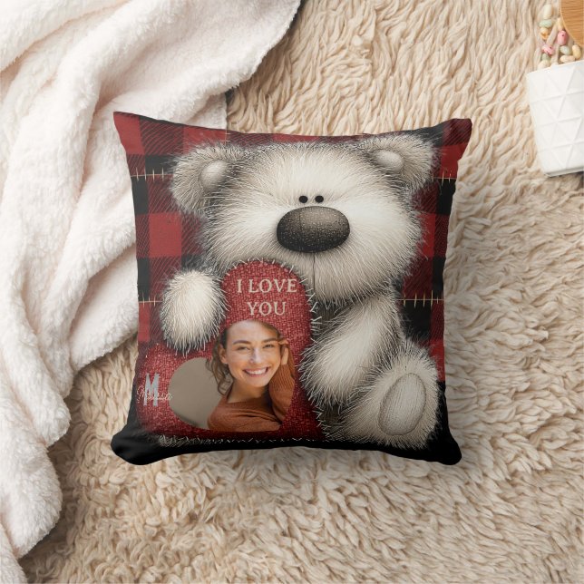 Cute Bear I Love You Custom Monogram Photo Throw Pillow (Blanket)