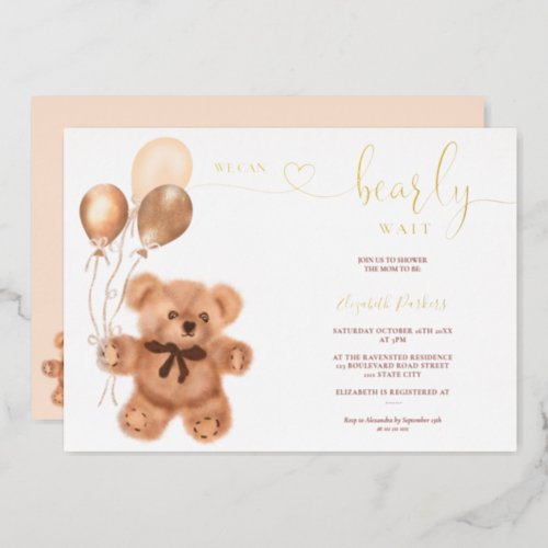Cute bear illustration bearly wait baby shower  foil invitation
