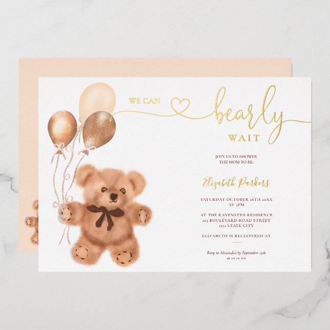 Cute bear illustration bearly wait baby shower  foil invitation (Front/Back)