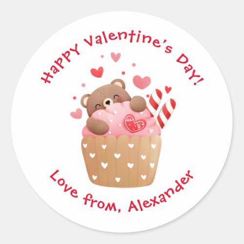 Cute Bear in Cupcake Custom Kids Valentines Day Classic Round Sticker