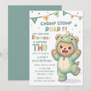 Cute Bear in Dinosaur Costume 2nd Birthday Party Invitation