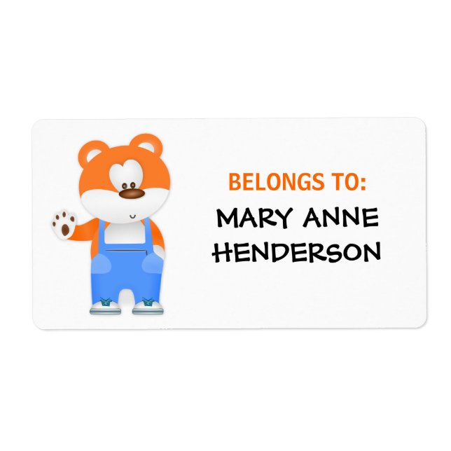 Cute Bear in Overalls Kid's Custom Name ID Label (Front)