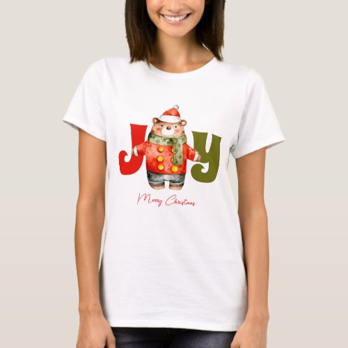 Cute bear in Santa hat JOY Merry Christmas T_Shirt