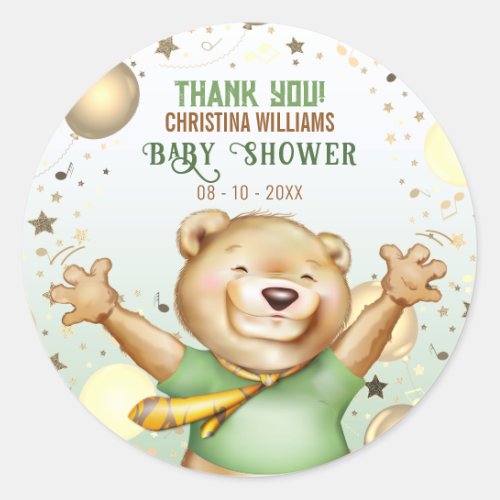 Cute Bear in Tie Baby Shower Thank You Classic Round Sticker