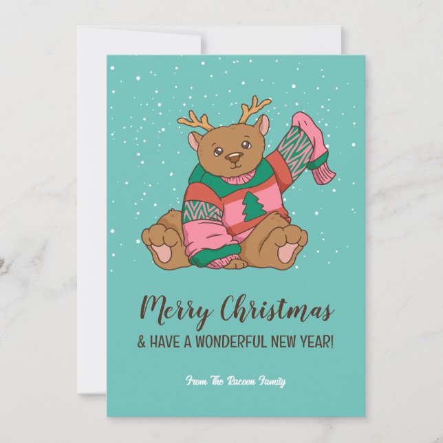 Cute Bear in Warm and Cozy Sweater Merry Christmas Holiday Card (Front)