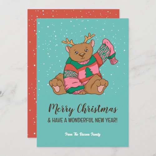 Cute Bear in Warm and Cozy Sweater Merry Christmas Holiday Card