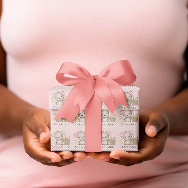 Cute Bear It's a Girl Picnic Blue Baby Shower Wrapping Paper (Creator Uploaded)