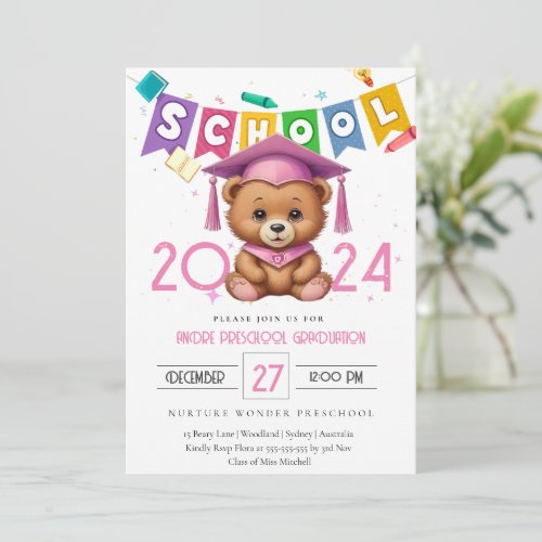 Cute bear Kindergarten Graduation Invitation