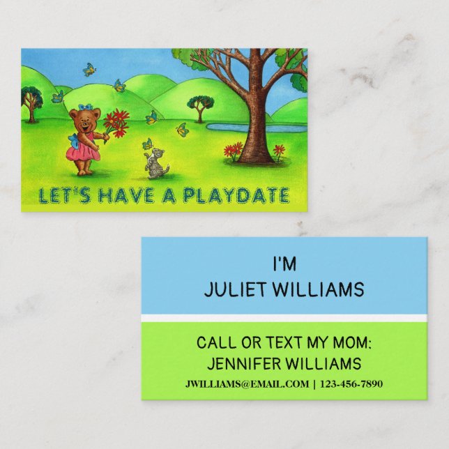 Cute Bear & Kitty Mommy Playdate Calling Card (Front/Back)