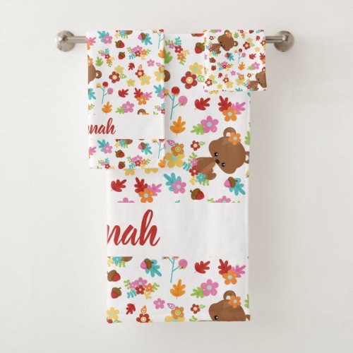 Cute Bear  leaves Baby Girl Personalized Name Bath Towel Set